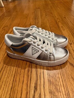 Guess Silver Metallic Low-Top Sneakers with White Accents